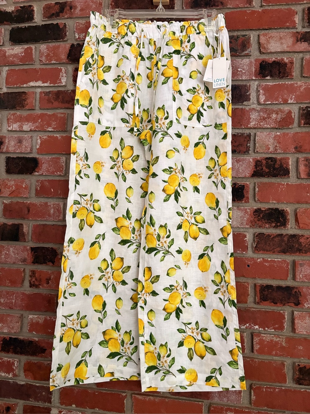 Cynthia Rowley NWT Linen Wide Leg  Lemon Print Lagenlook Euro Summer Pant Sz S